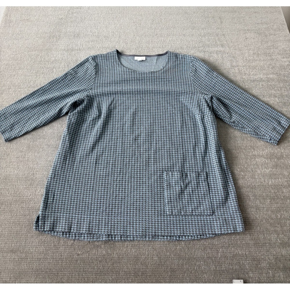 J Jill Top Women 1X Blue Houndstooth Wide Neck‎ Ponte Pocket Stretch Office
